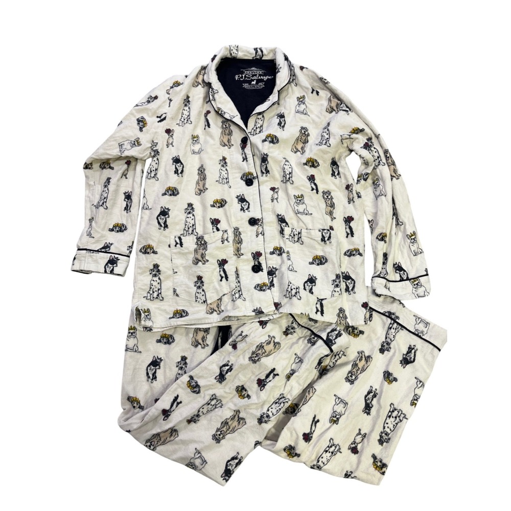 PJ Salvage Women Small Dog Print Flannel Pajama Set Cream Button Front Long